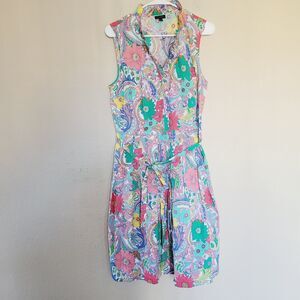 Talbots Women Size 14 Blue Pink Paisley Summer Dress 100% Cotton Fit & Flare New